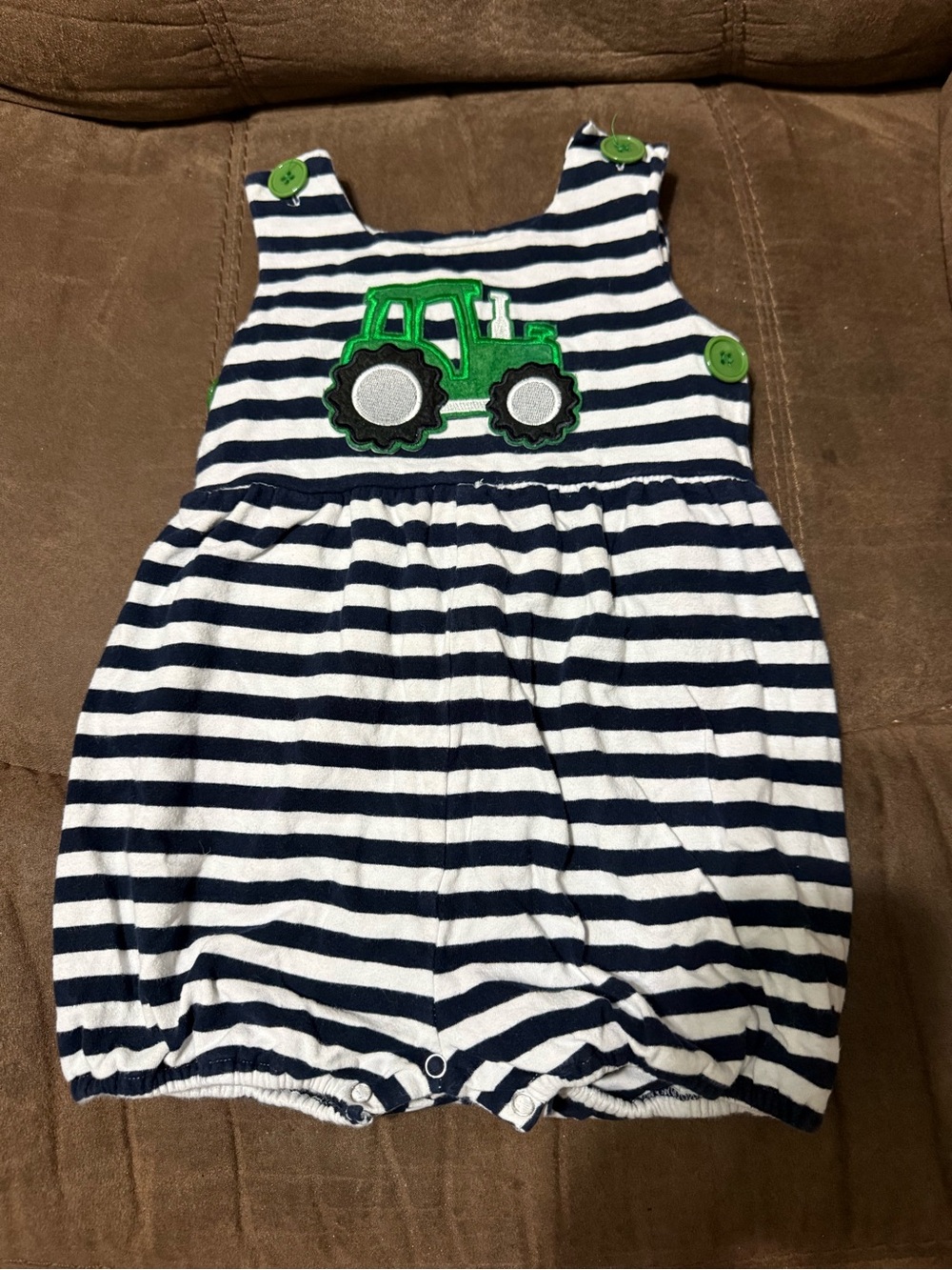 Source Unknown Navy and White Striped Tractor Romper